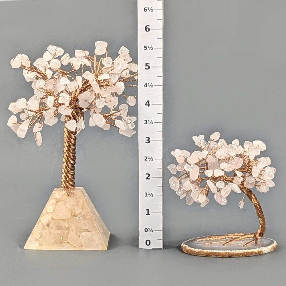 Rose Quartz Gemstone Tree Set Copper Wire Agate Base Pyramid Decor